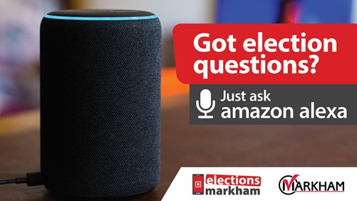 Amazon Alexa image with words that say Got election questions? Just Ask Amazon Alexa
